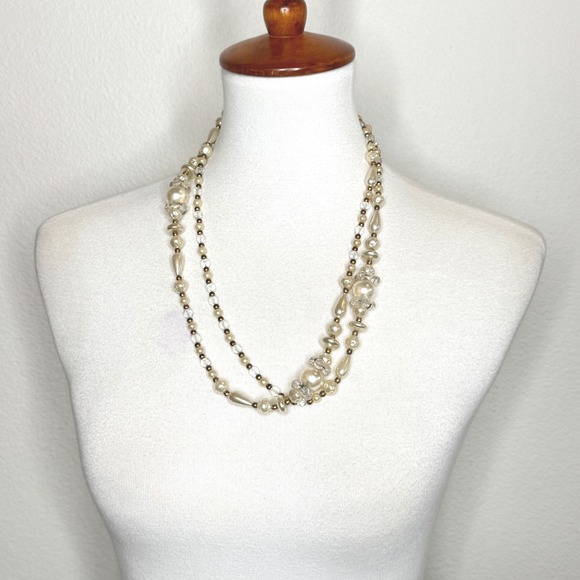 Vintage Jewelry - Vintage Faux Pearl Long Necklace Gold Colored‎ Beads